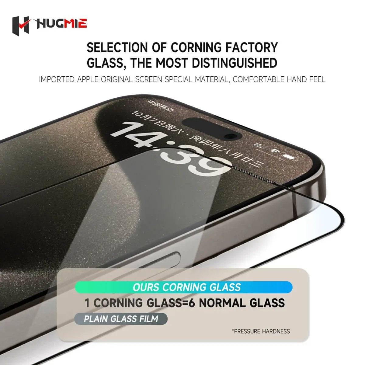 Premium Hugmie Corning Glass Screen Protector for iPhone 16 Series, offering six times the strength of normal glass for enhanced protection.
